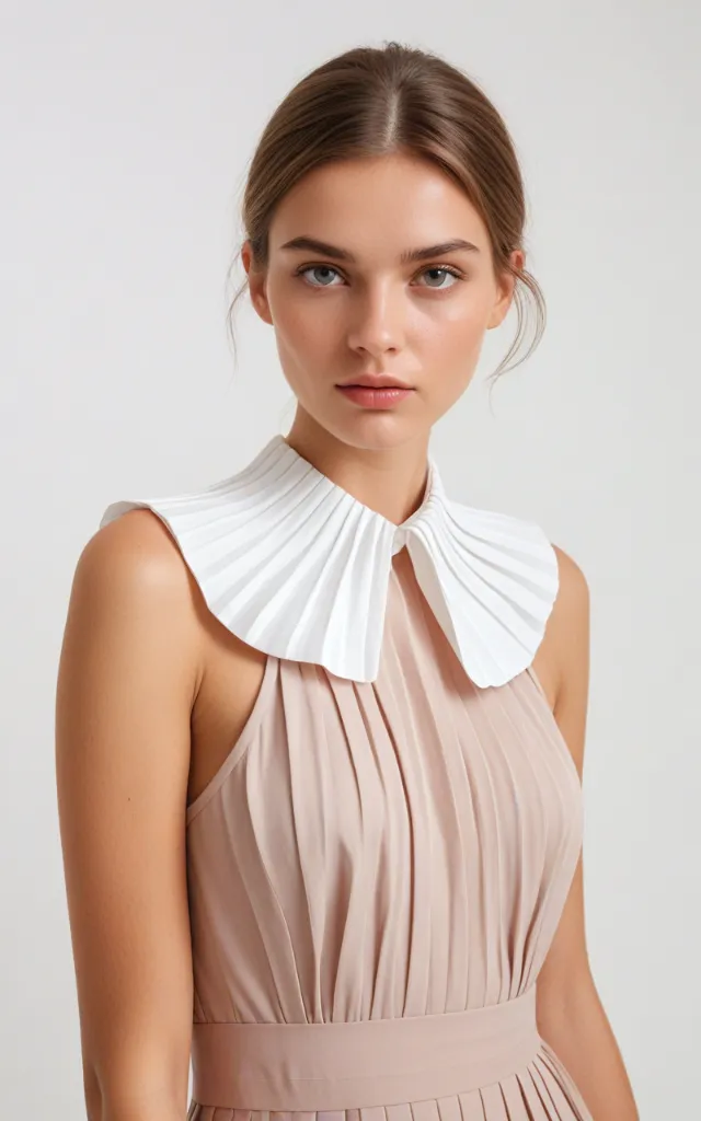 A European female model wearing a dress with a Pleated collar, white background, bust portrait